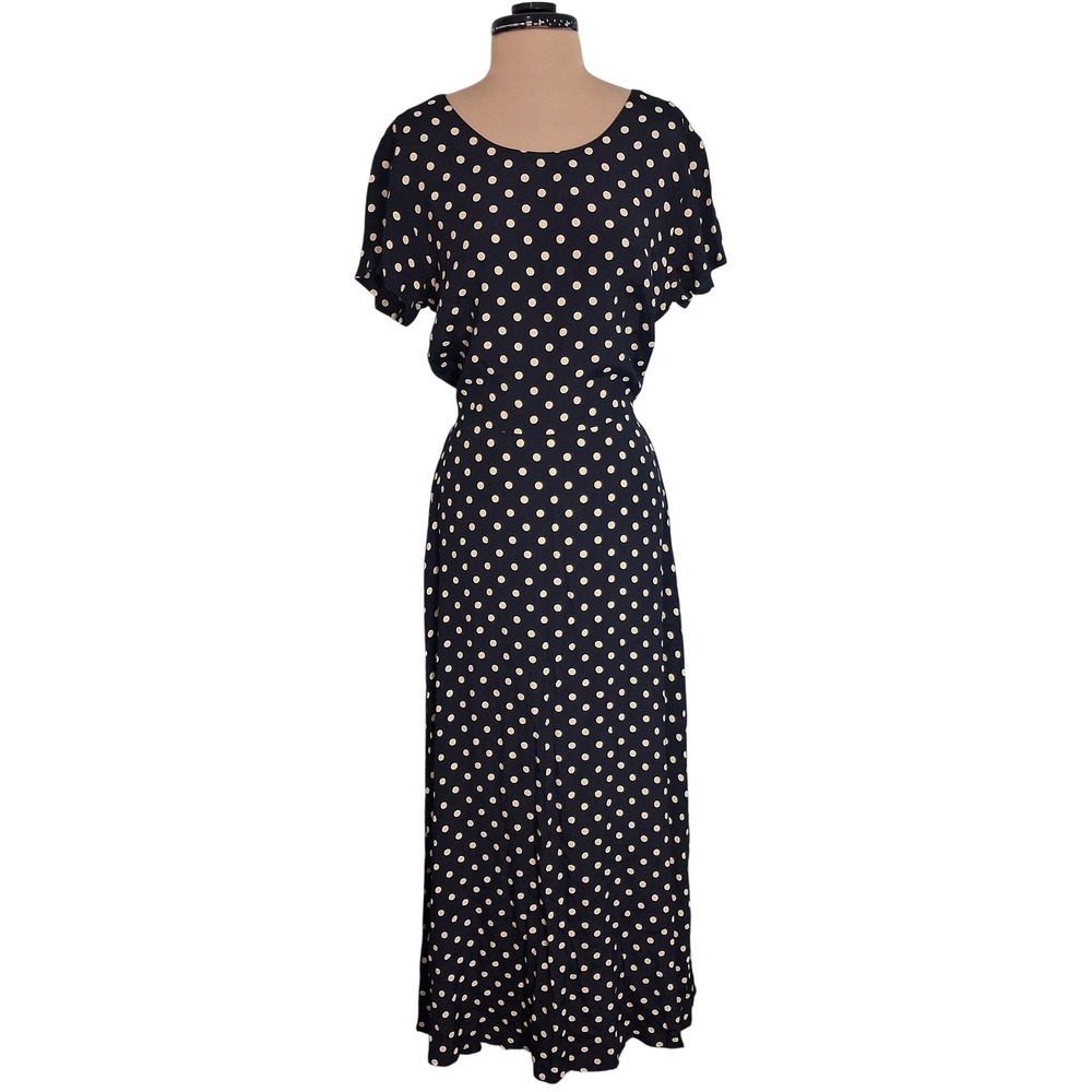 The Limited Navy Blue Polka Dot Maxi Dress Short Sleeve Rayon Sz 10 VTG Style